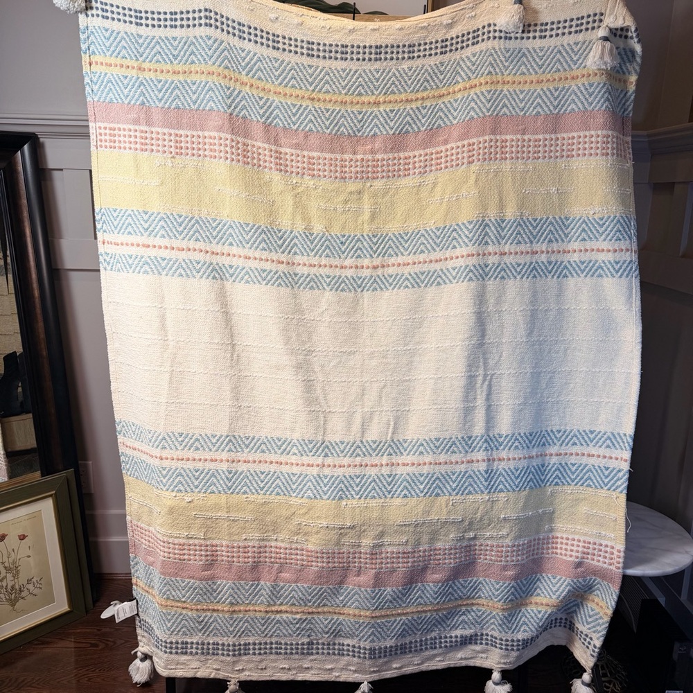 Tassel Boho Throw Blanket Cream yellow blue multi Striped 80%Cotton Indian50”x64 - Picture 4 of 10